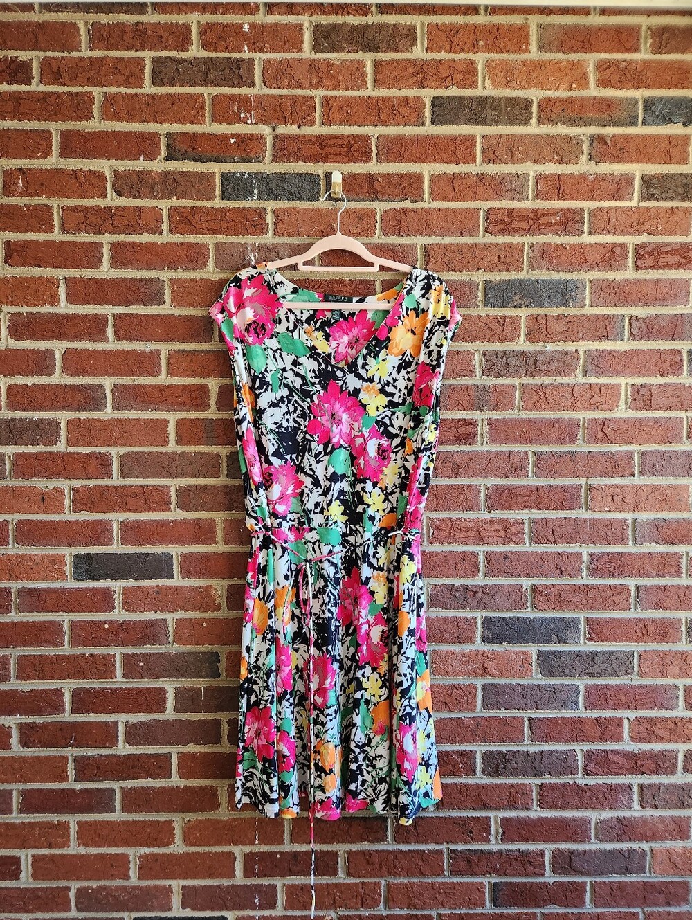 Lauren Ralph Lauren Black Floral V-Neck Dress with Pink, Yellow & Green 2X